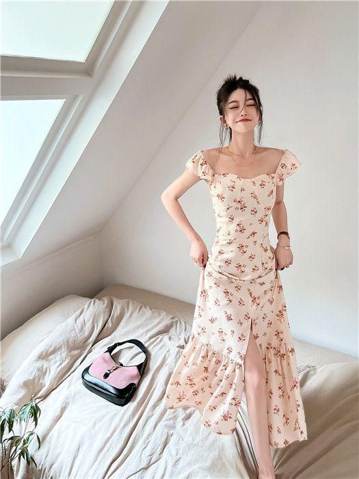 French Style Gentle Adult Lady like Woman Temperament Dress Summer Square Collar Split Short Sleeve Chiffon Floral Strap Dress Women's Clothing