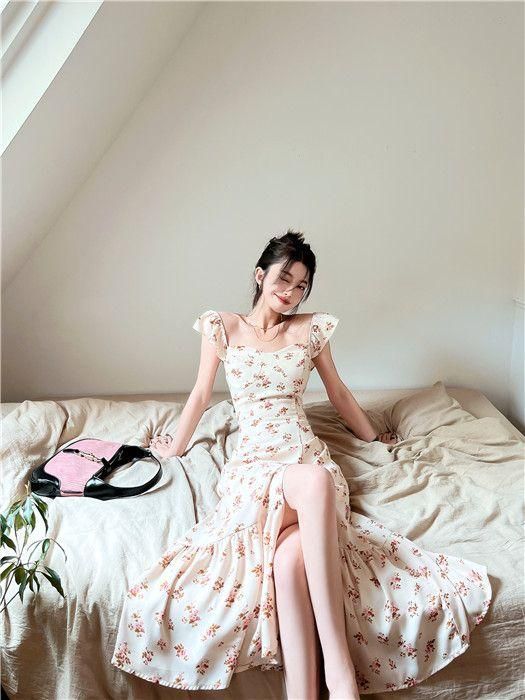 French Style Gentle Adult Lady like Woman Temperament Dress Summer Square Collar Split Short Sleeve Chiffon Floral Strap Dress Women's Clothing