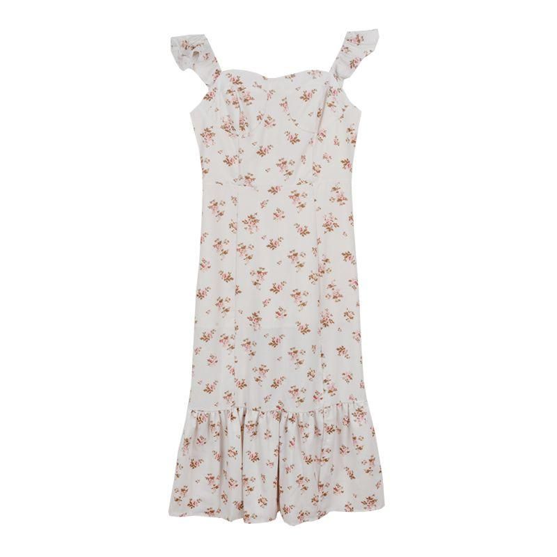 French Style Gentle Adult Lady like Woman Temperament Dress Summer Square Collar Split Short Sleeve Chiffon Floral Strap Dress Women's Clothing