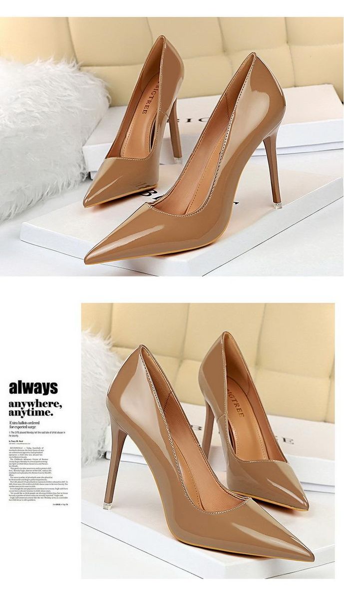 Women's high heels 7.5CM-6 simple shiny pointed high heels Brown