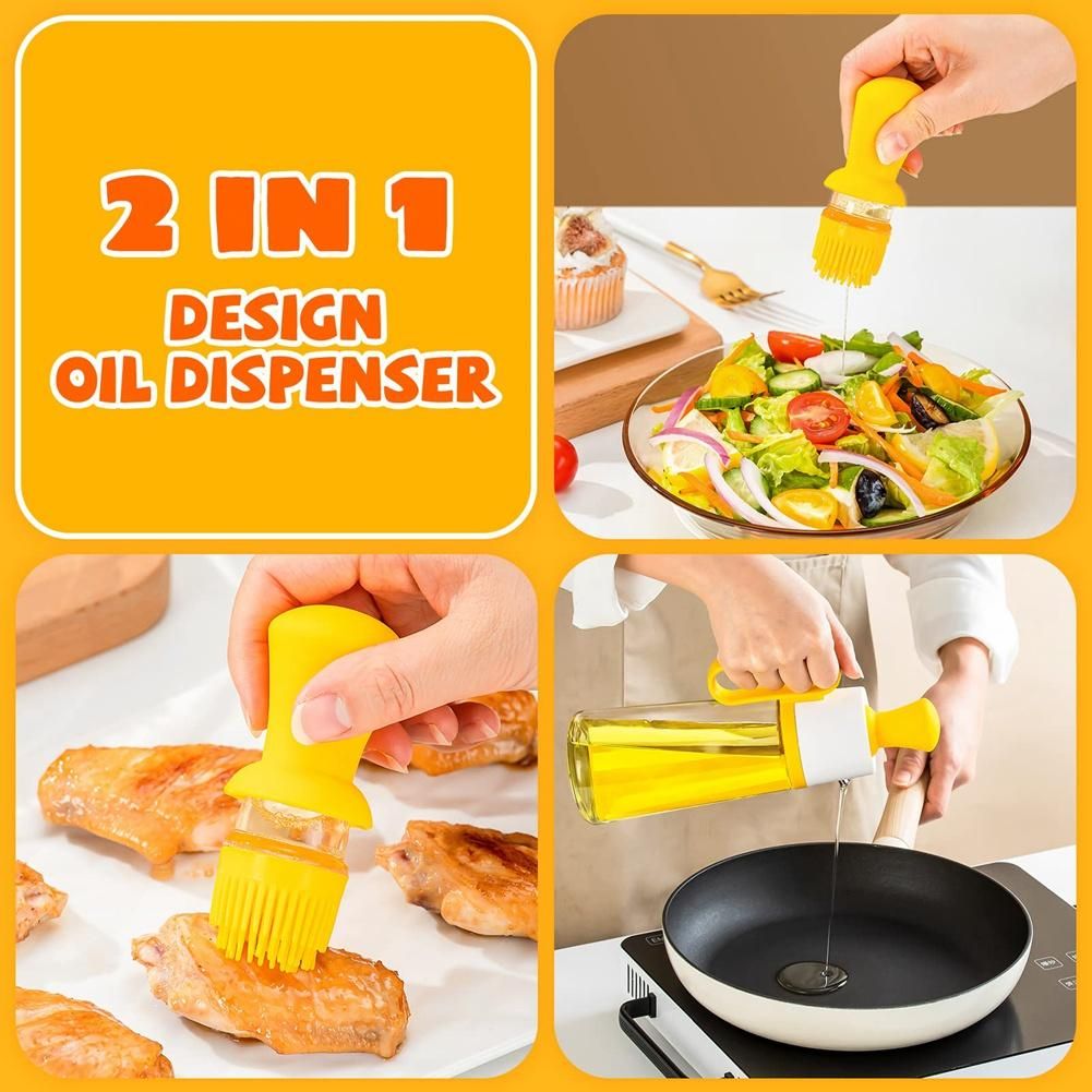 Glass Oil Bottle with Silicone Brush, Olive Oil and Vinegar Dispenser Bottle for Kitchen Cooking, BBQ, Baking A