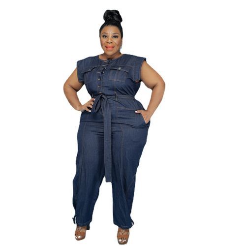 5XL Light Blue Denim Jeans Jumpsuits Sleeveless Bodycon Skinny Denim Rompers