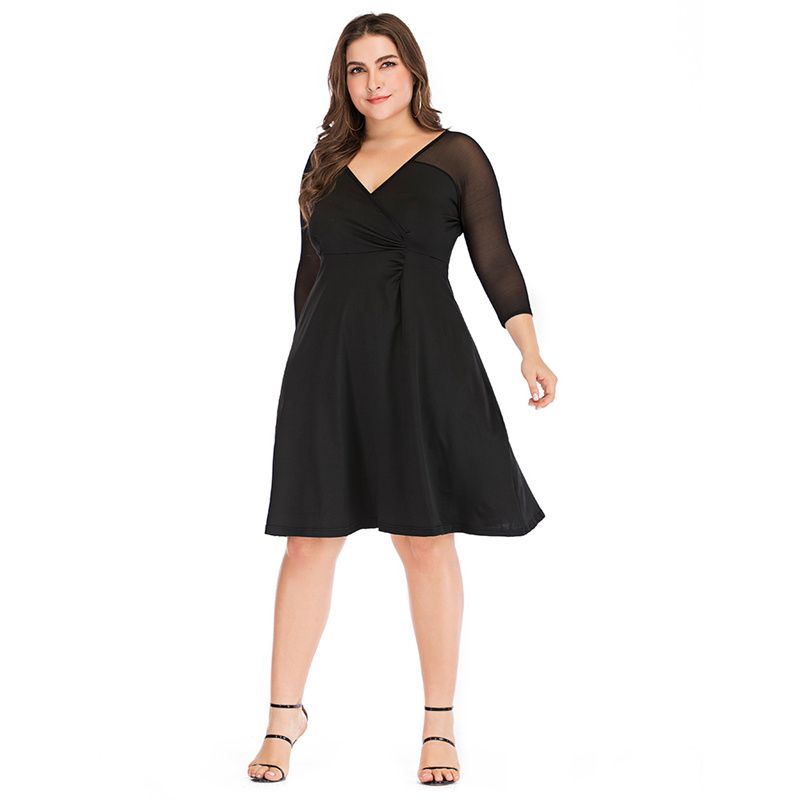 XL-5XL Women Mesh Long Sleeves Party Dress Plus Size Ballgown Dress Black 3005