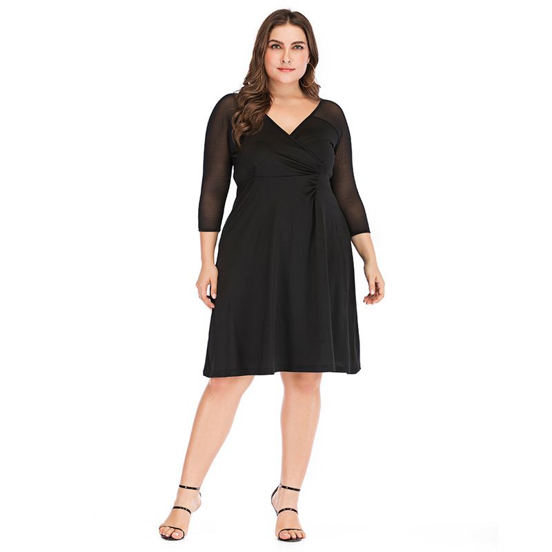 XL-5XL Women Mesh Long Sleeves Party Dress Plus Size Ballgown Dress Black 3005
