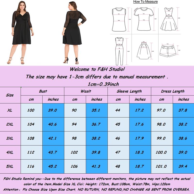 XL-5XL Women Mesh Long Sleeves Party Dress Plus Size Ballgown Dress Black 3005