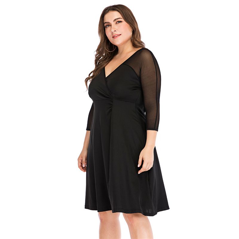 XL-5XL Women Mesh Long Sleeves Party Dress Plus Size Ballgown Dress Black 3005