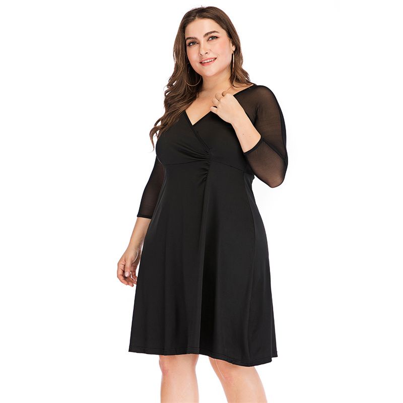 XL-5XL Women Mesh Long Sleeves Party Dress Plus Size Ballgown Dress Black 3005