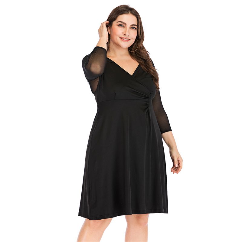 XL-5XL Women Mesh Long Sleeves Party Dress Plus Size Ballgown Dress Black 3005