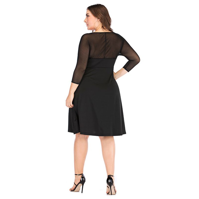 XL-5XL Women Mesh Long Sleeves Party Dress Plus Size Ballgown Dress Black 3005