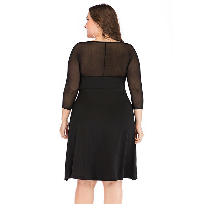 XL-5XL Women Mesh Long Sleeves Party Dress Plus Size Ballgown Dress Black 3005