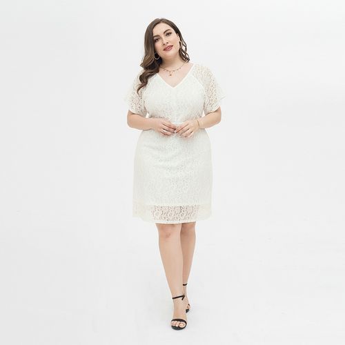 L-4XL Women Big Size Lace V Neck Short Sleeve Plus Size Party Dress White 1827