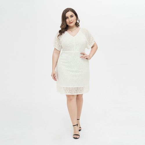 L-4XL Women Big Size Lace V Neck Short Sleeve Plus Size Party Dress White 1827