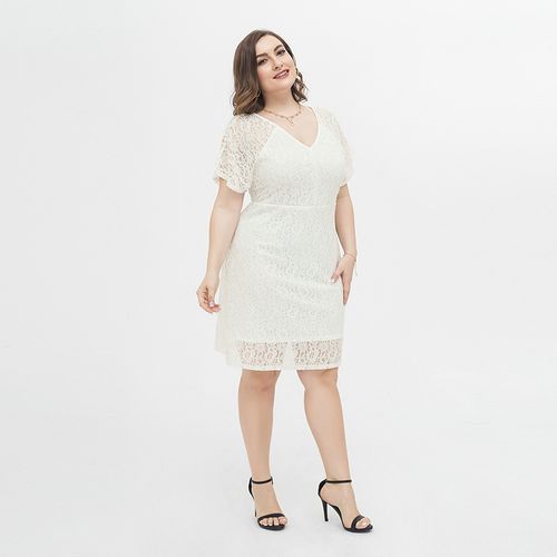 L-4XL Women Big Size Lace V Neck Short Sleeve Plus Size Party Dress White 1827