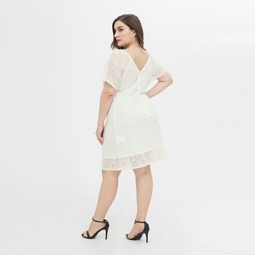 L-4XL Women Big Size Lace V Neck Short Sleeve Plus Size Party Dress White 1827