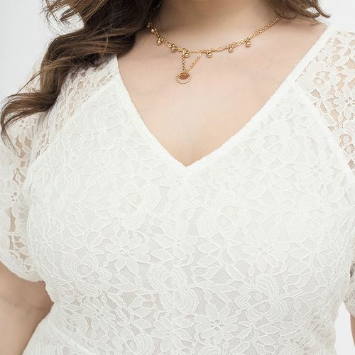L-4XL Women Big Size Lace V Neck Short Sleeve Plus Size Party Dress White 1827