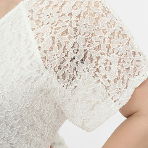 L-4XL Women Big Size Lace V Neck Short Sleeve Plus Size Party Dress White 1827