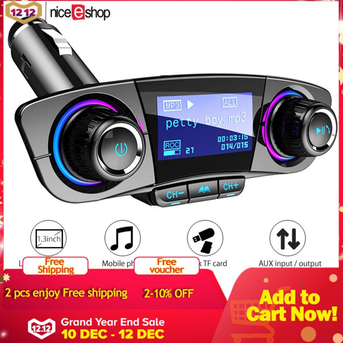 Bluetooth Car Kit Handsfree FM Transmitter Wireless A2DP AUX Audio Car MP3 Player Support U Disk TF Card Folder Playback  JOERU
