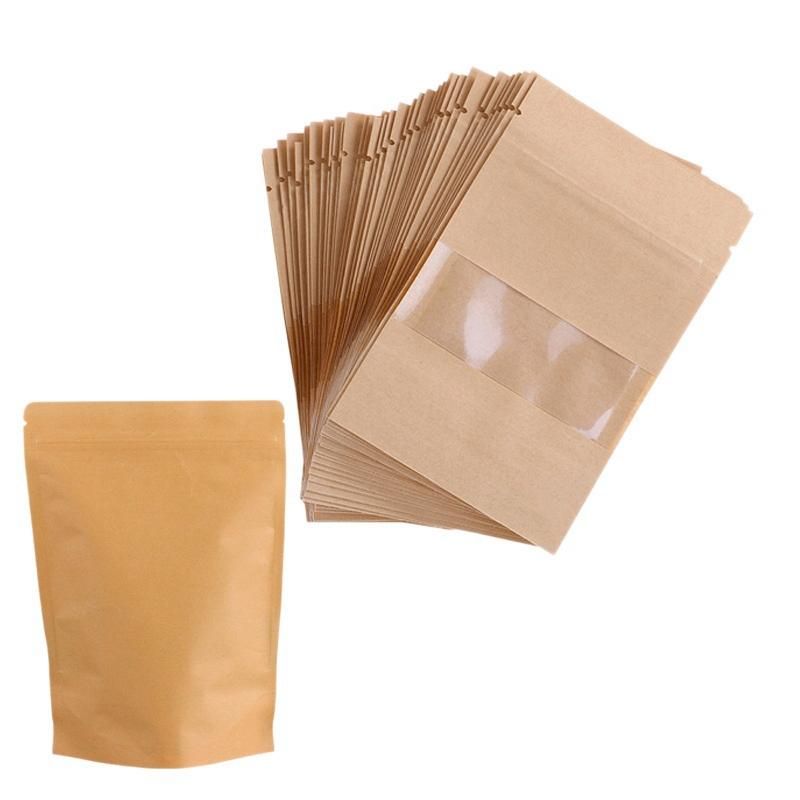 50Pcs Bakery Bags Clear Window Paper Bag Sealing Grease Proof Kraft Paper Bag for Food Snacks Cookie Bag 16x23x4Cm