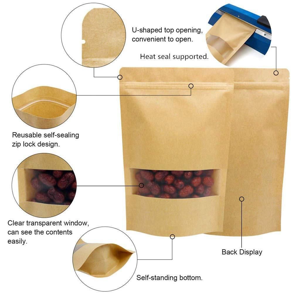 50Pcs Bakery Bags Clear Window Paper Bag Sealing Grease Proof Kraft Paper Bag for Food Snacks Cookie Bag 16x23x4Cm