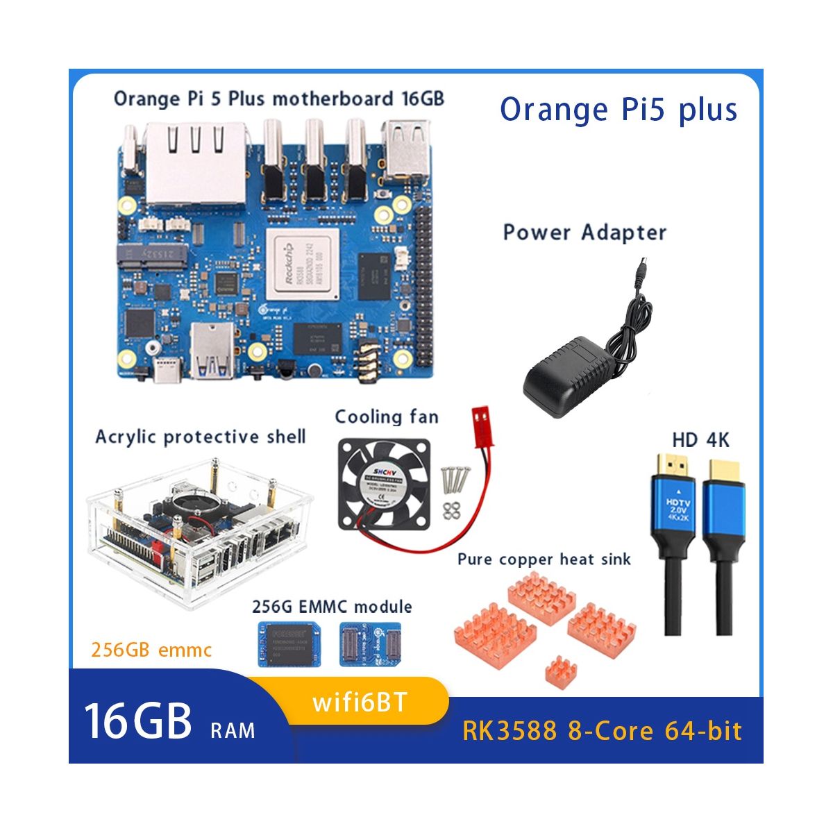 For Orange Peel 5 Plus 16GBRAM 256GB Emmc Module RK3588 Octa-Core Support 8K Video 2.5G WiFi6 Module Accessories EU Plug