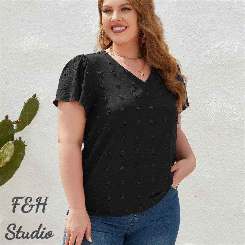 F&H 3322 XL-4XL V Neck Short Sleeves Lovely Furry Ball Decoration Black