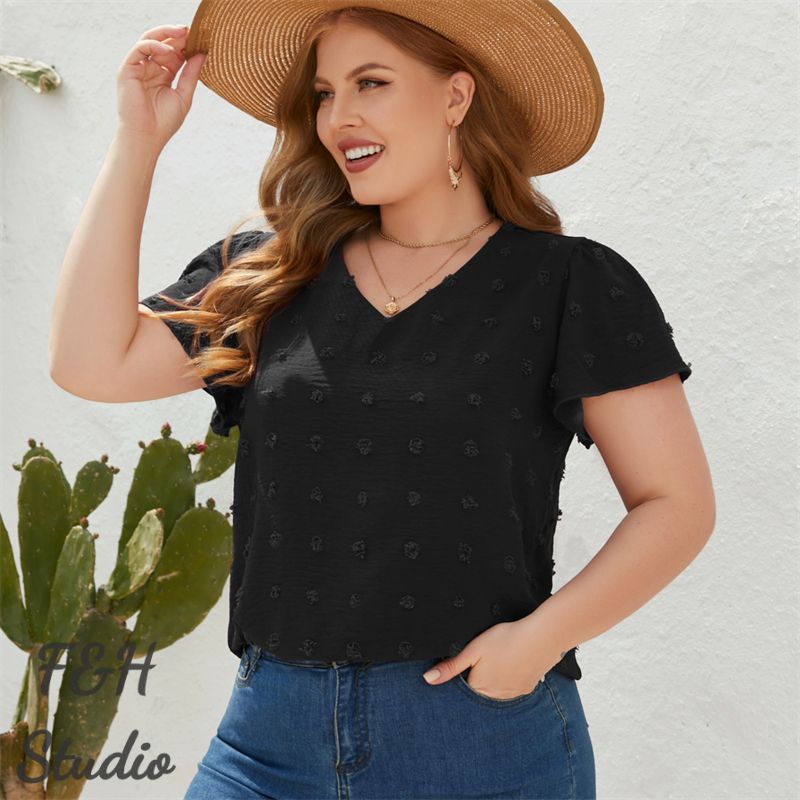 F&H 3322 XL-4XL V Neck Short Sleeves Lovely Furry Ball Decoration Black