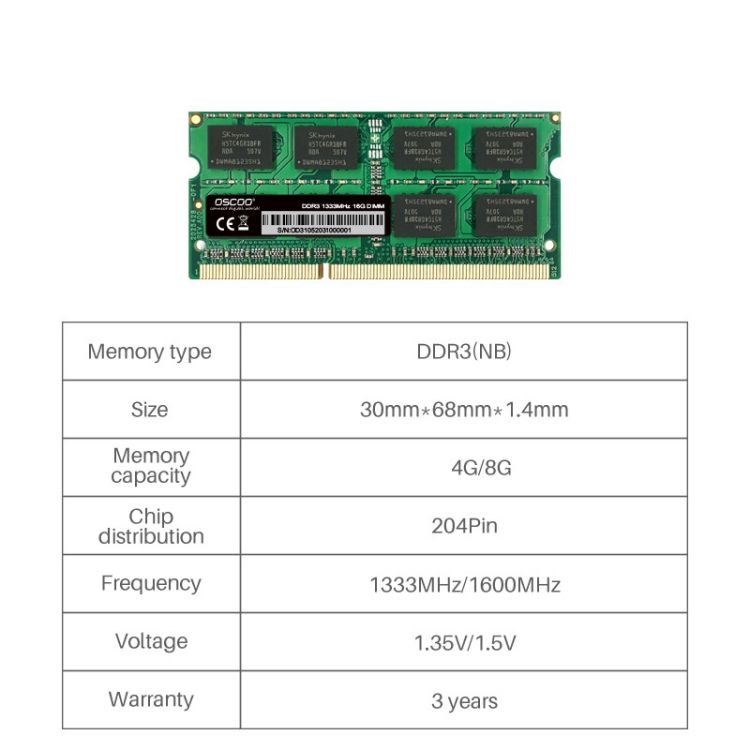 OSCOO DDR3 NB 1600MHz Memory, Memory Capacity: 8GB