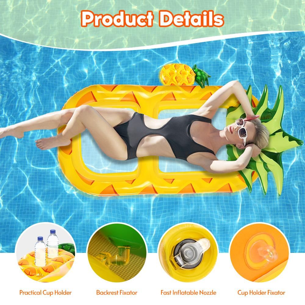 170 * 88cm/ 67 * 35in Inflatable Lounging Swimming Pool Float Pineapple Floating Lounge Chair Floating Hammock with Mesh Bottom Backrest Cup Holders for Adults