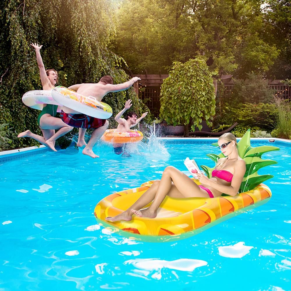 170 * 88cm/ 67 * 35in Inflatable Lounging Swimming Pool Float Pineapple Floating Lounge Chair Floating Hammock with Mesh Bottom Backrest Cup Holders for Adults