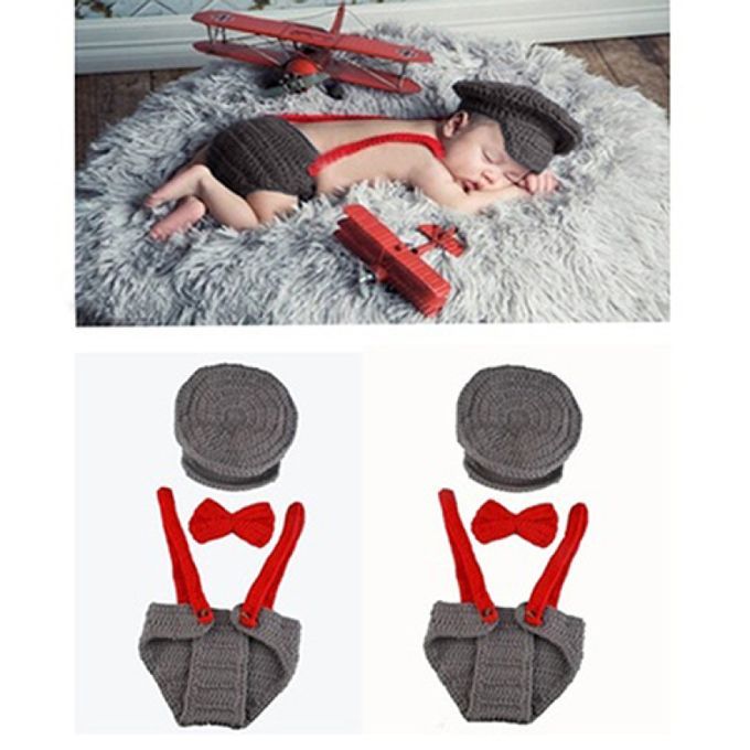 Newborn Baby Girl Boy Lovely Knit Hat + Bow Tie + Overall-