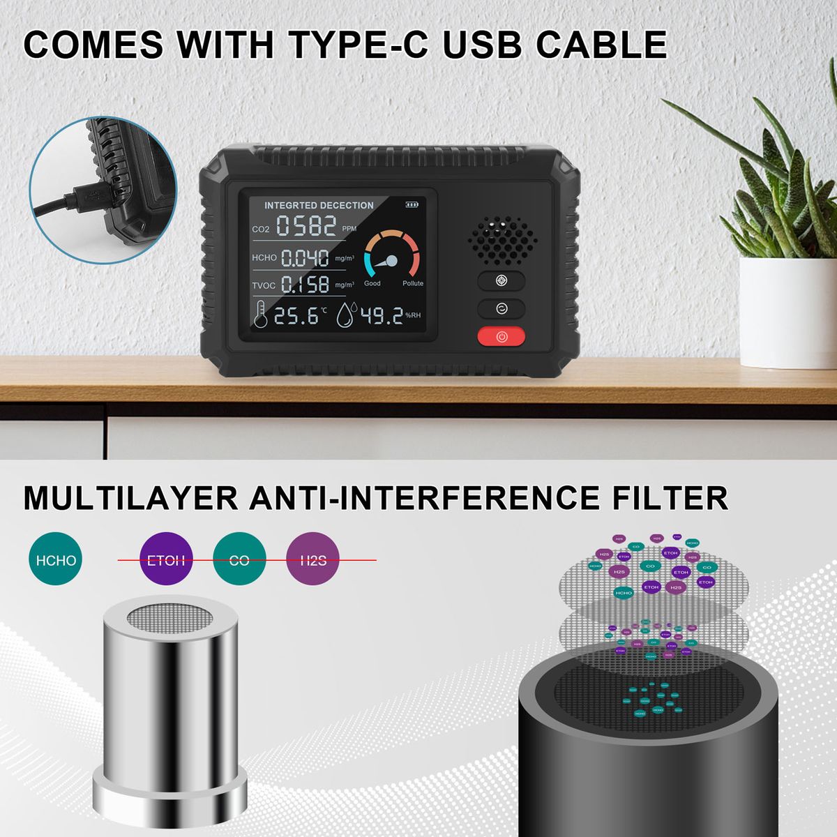 5 In 1 Multifunctional Air Quality Detector LCD Big Screen