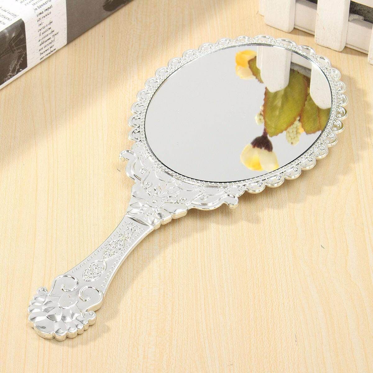 Silver Vintage Repousse Oval Round Makeup Hand Held Vanity Mirror Princess Lady