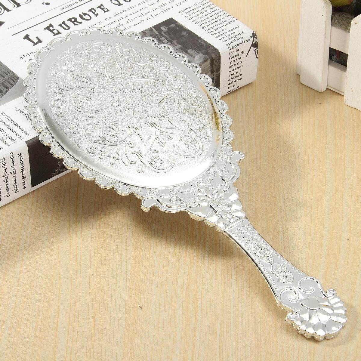 Silver Vintage Repousse Oval Round Makeup Hand Held Vanity Mirror Princess Lady