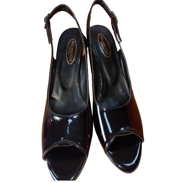 Ladies Open Toe Block Patent Sandal -Black