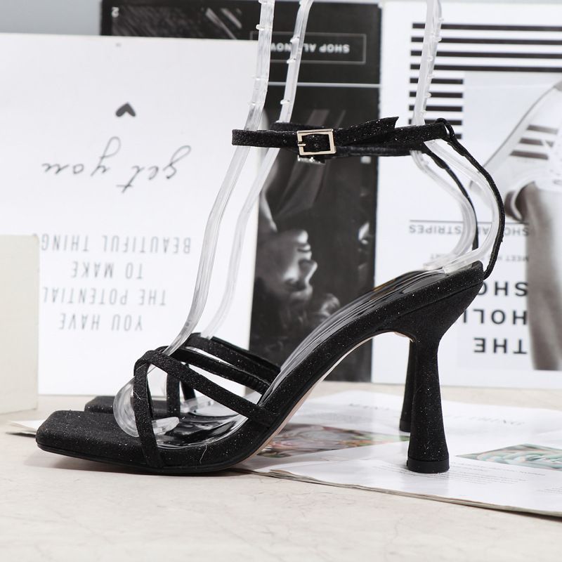 New Cross Strap Sequins Slim Heel Sandals Large Black High Heels-Black