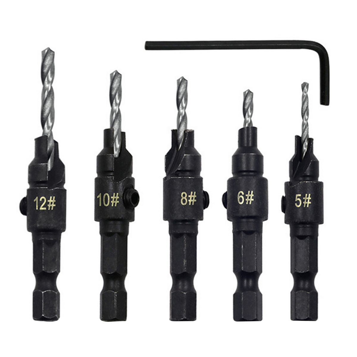 5Pcs Countersink Drill Bits 1/4 Inch Hex Shank + 1Pc Hex Key