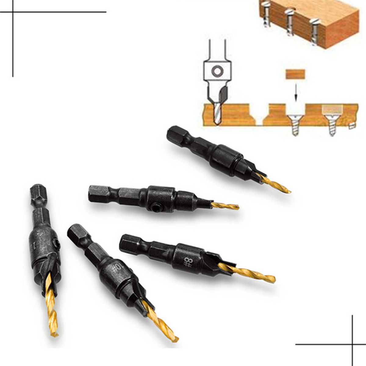 5Pcs Countersink Drill Bits 1/4 Inch Hex Shank + 1Pc Hex Key