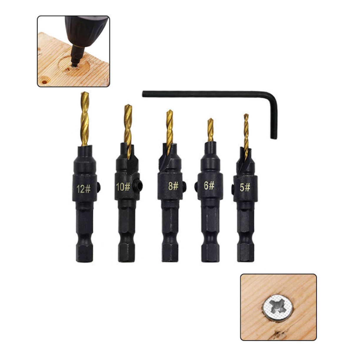 5Pcs Countersink Drill Bits 1/4 Inch Hex Shank + 1Pc Hex Key