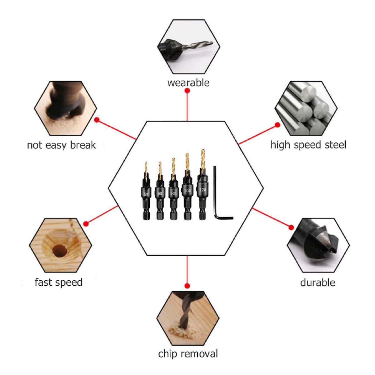 5Pcs Countersink Drill Bits 1/4 Inch Hex Shank + 1Pc Hex Key
