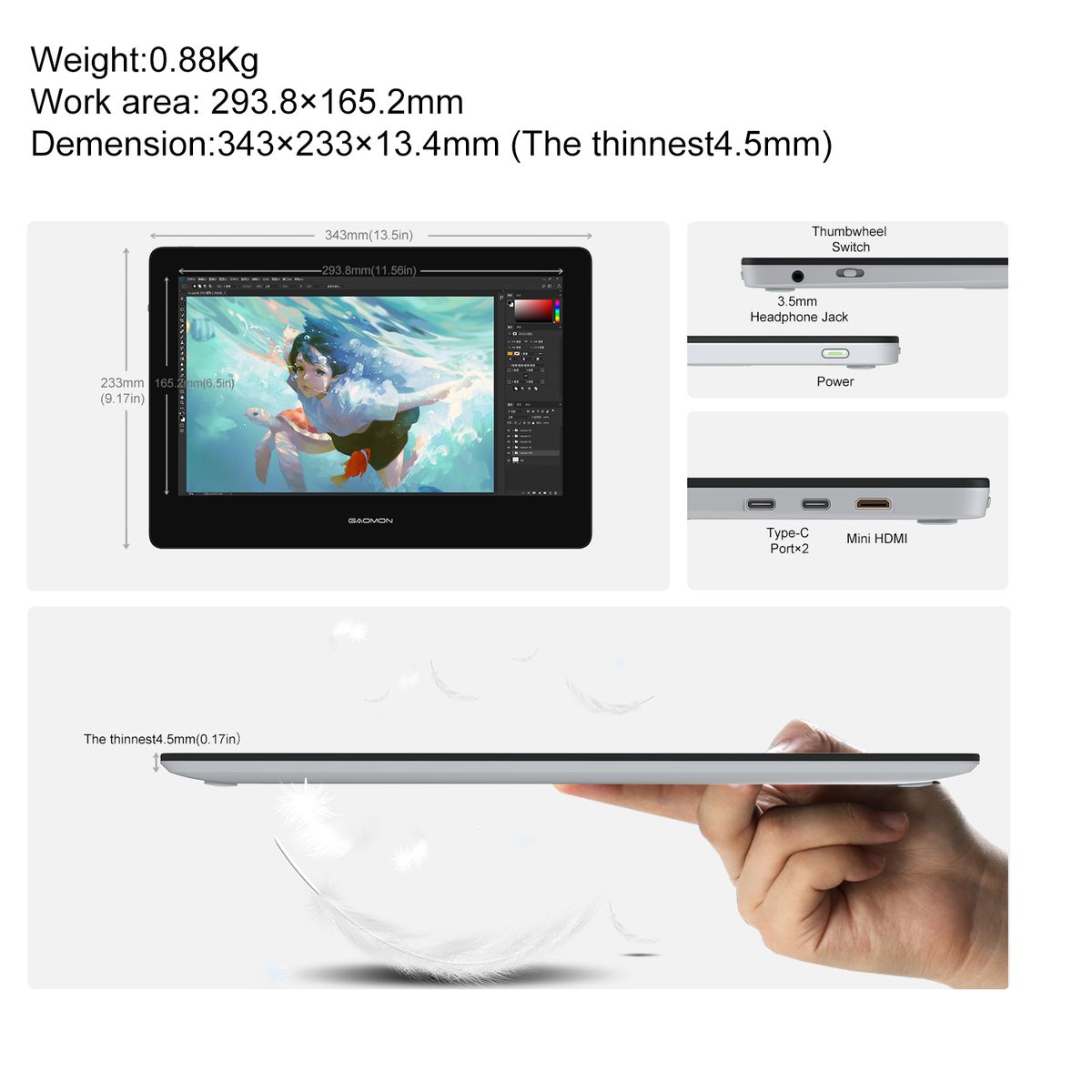 PD1320 13.3" Graphics Tablet Display Supports 60°Tilt