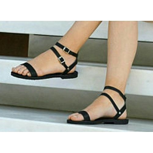 Girls Double Buckle Leather Sandals - Black