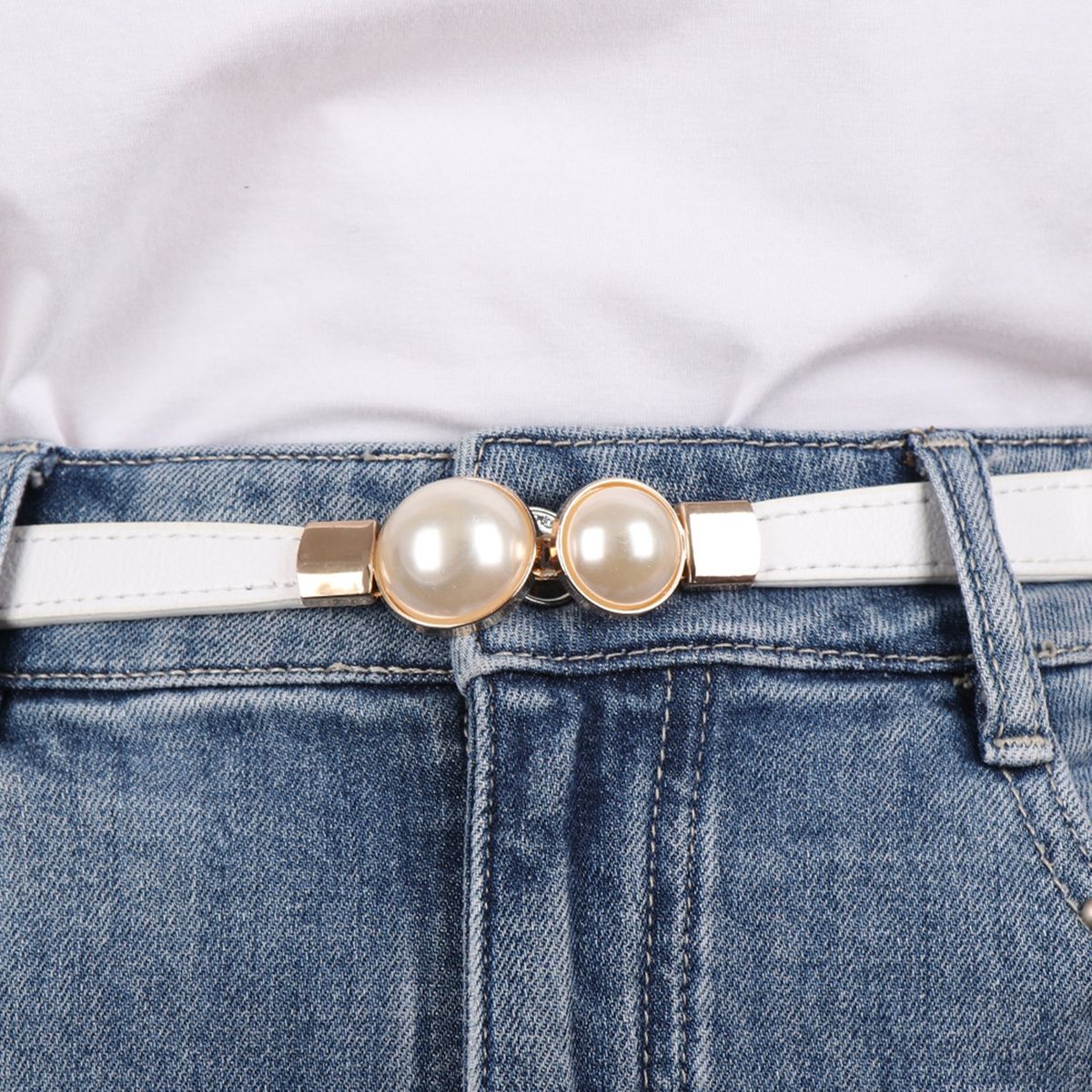 Dress Belt Women Pearl Buckle Waist Strap Decoration White