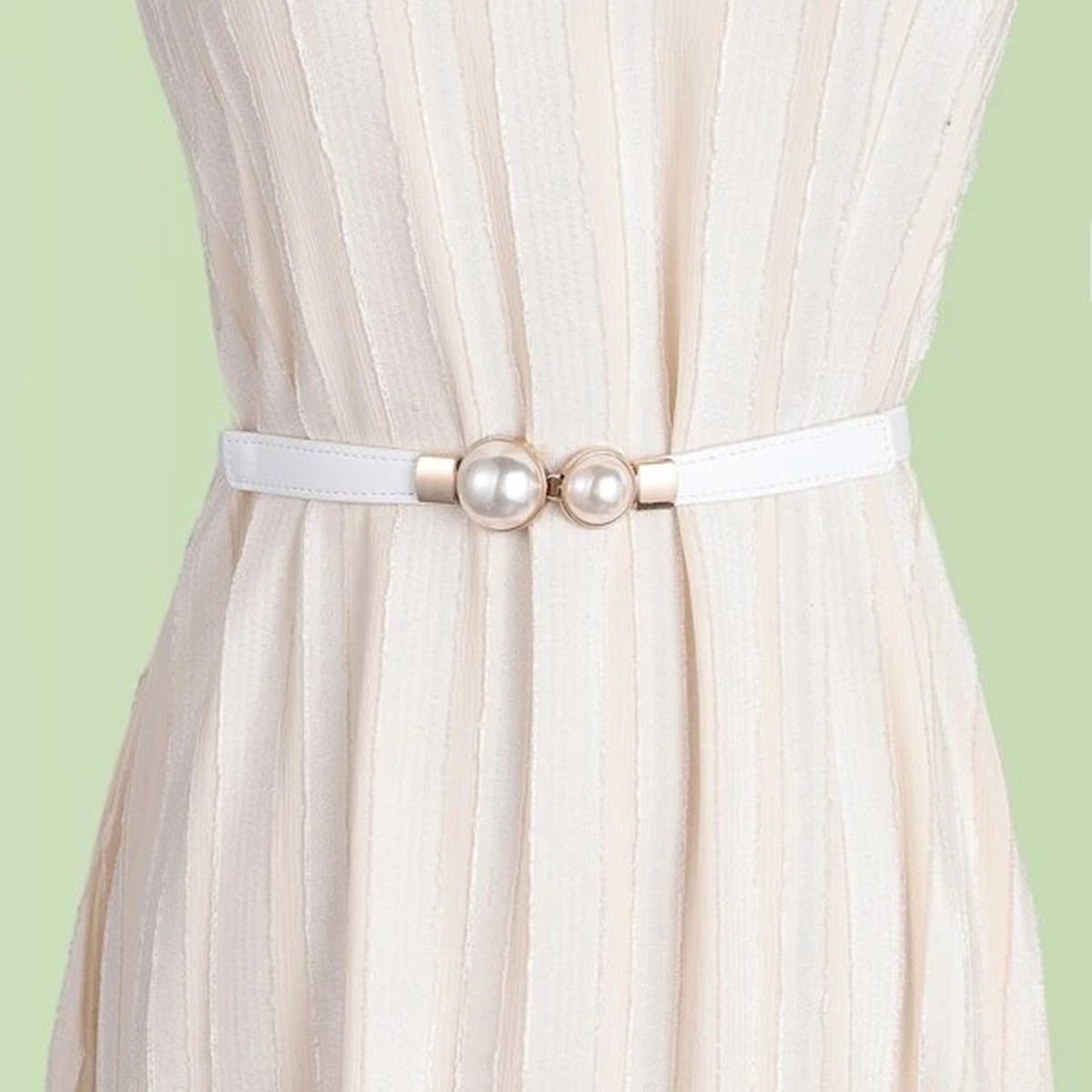 Dress Belt Women Pearl Buckle Waist Strap Decoration White