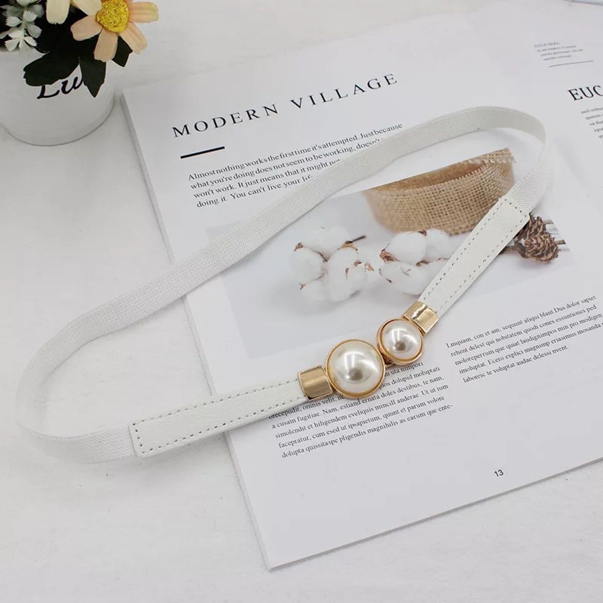 Dress Belt Women Pearl Buckle Waist Strap Decoration White