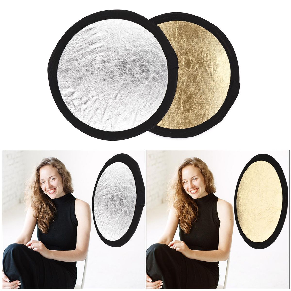 30cm/12inch Photography Round Reflector Silver & Gold 2-in-1 Collapsible Portable for Studio Photography with Carry Bag
