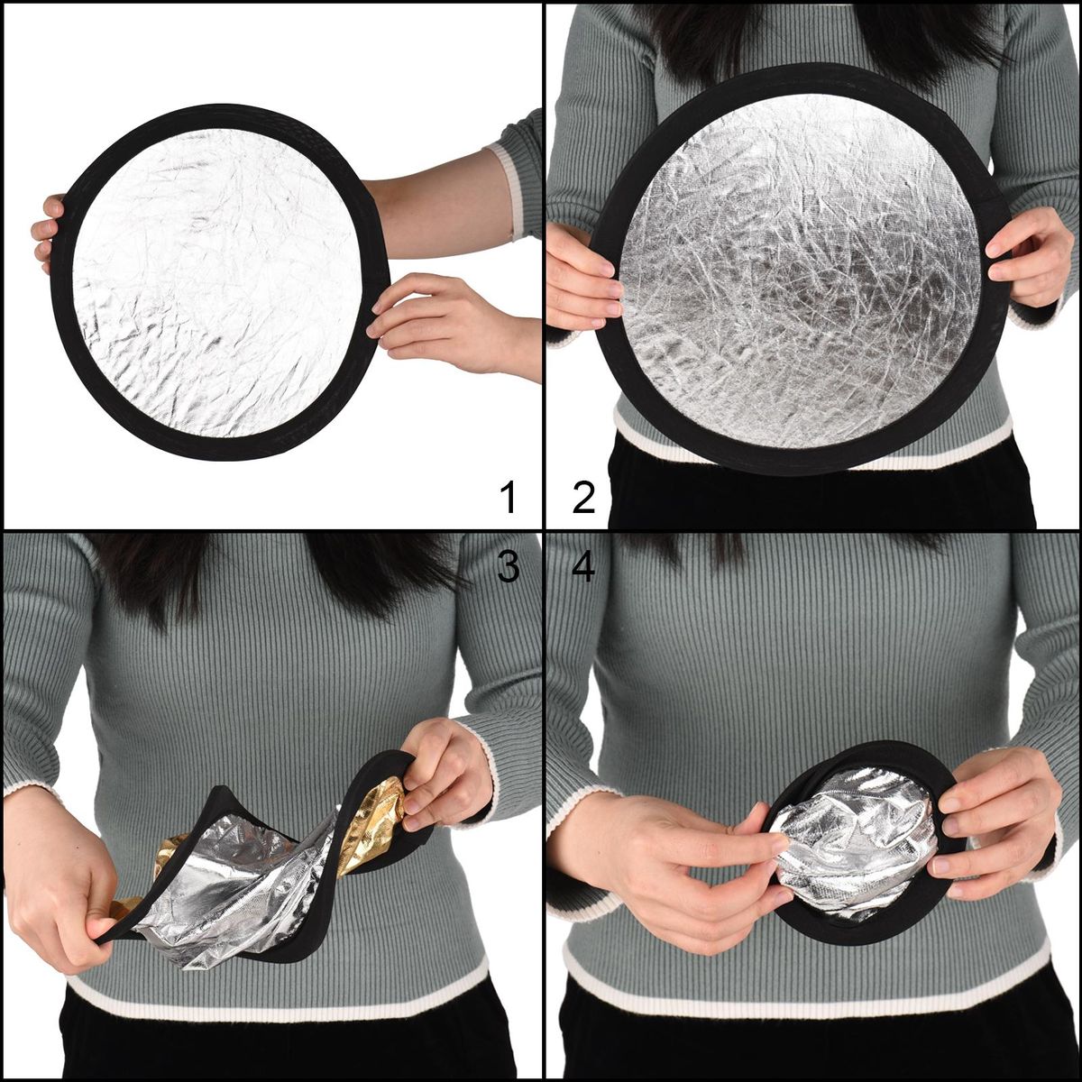 30cm/12inch Photography Round Reflector Silver & Gold 2-in-1 Collapsible Portable for Studio Photography with Carry Bag