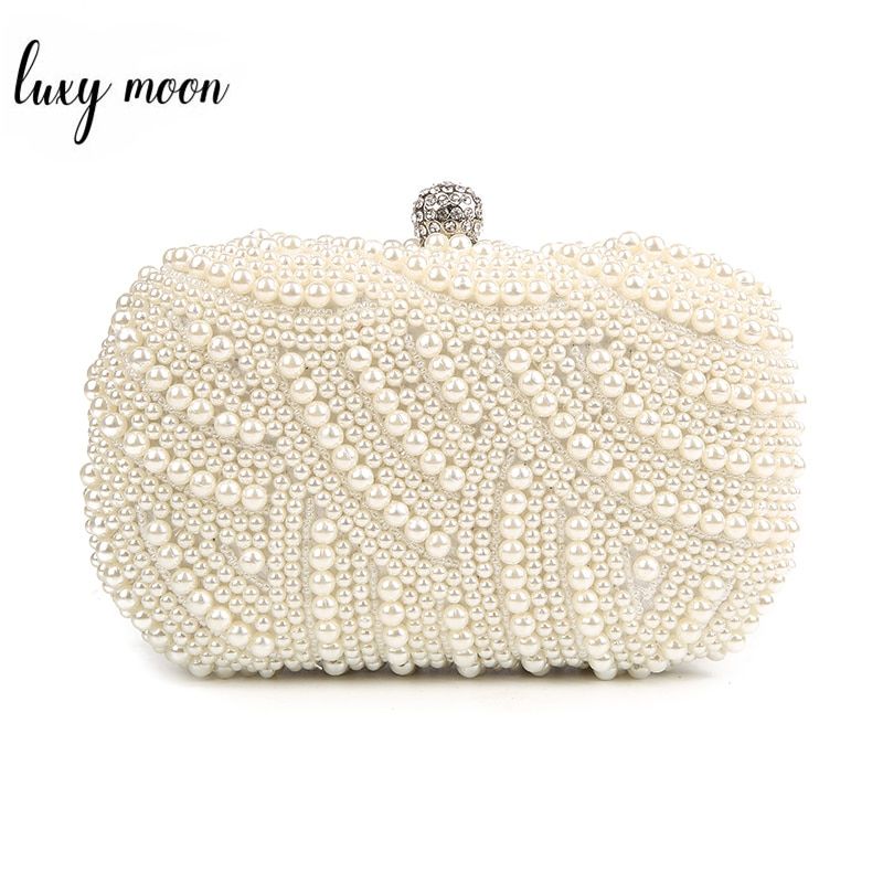 100% Hand Made Luxury Pearl Clutch Bags Women Purse Diamond Chain White Evening Bags For Party Wedding Black Bolsa Feminina