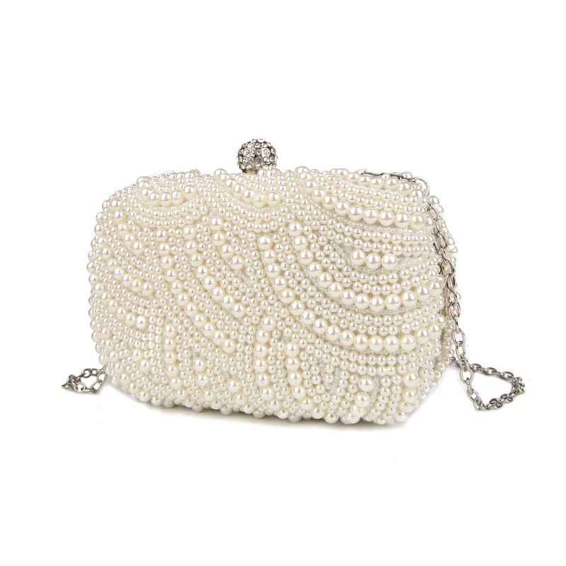100% Hand Made Luxury Pearl Clutch Bags Women Purse Diamond Chain White Evening Bags For Party Wedding Black Bolsa Feminina
