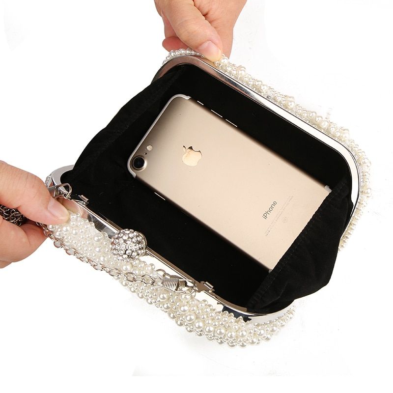 100% Hand Made Luxury Pearl Clutch Bags Women Purse Diamond Chain White Evening Bags For Party Wedding Black Bolsa Feminina