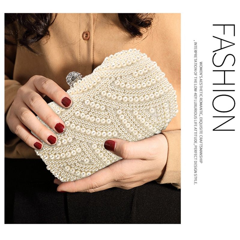 100% Hand Made Luxury Pearl Clutch Bags Women Purse Diamond Chain White Evening Bags For Party Wedding Black Bolsa Feminina